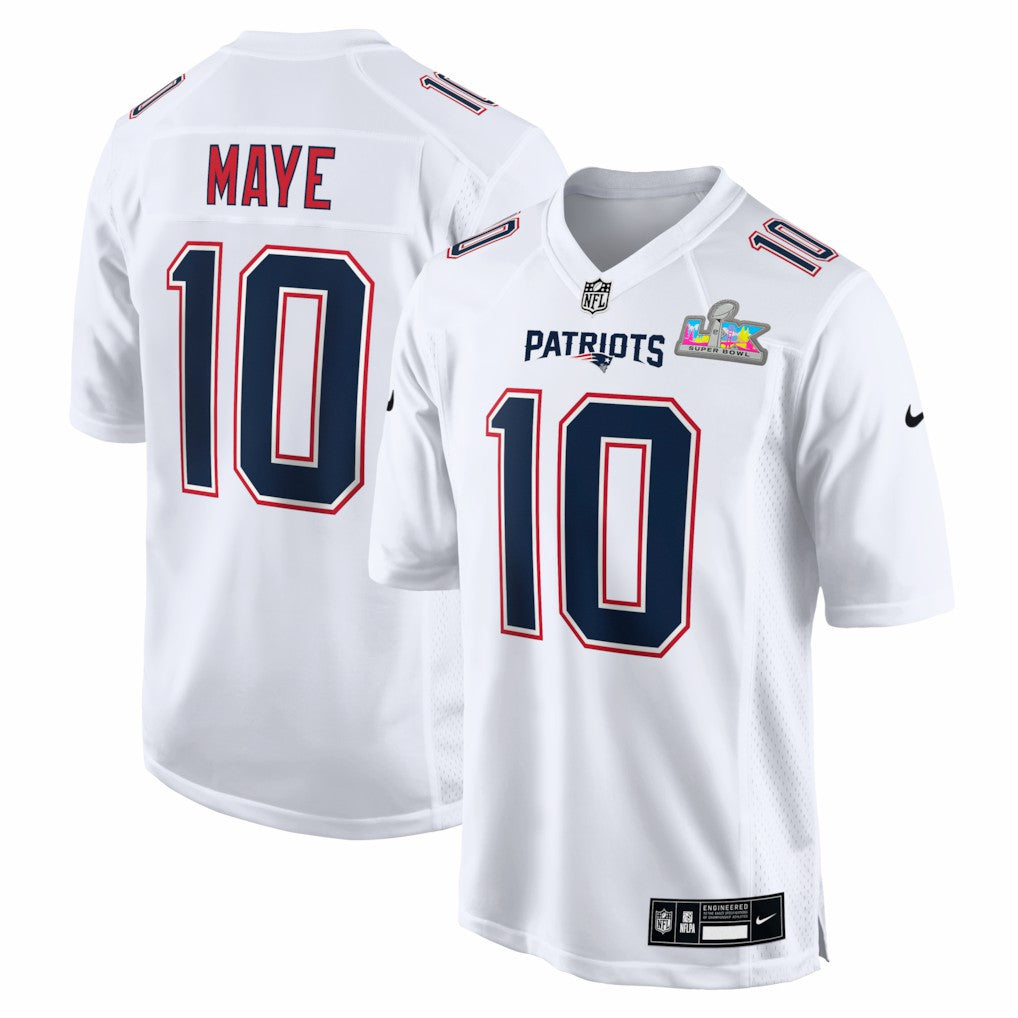 Drake Maye New England Patriots Super Bowl LX Patch Tundra Fashion Game Jersey - White Jerseys