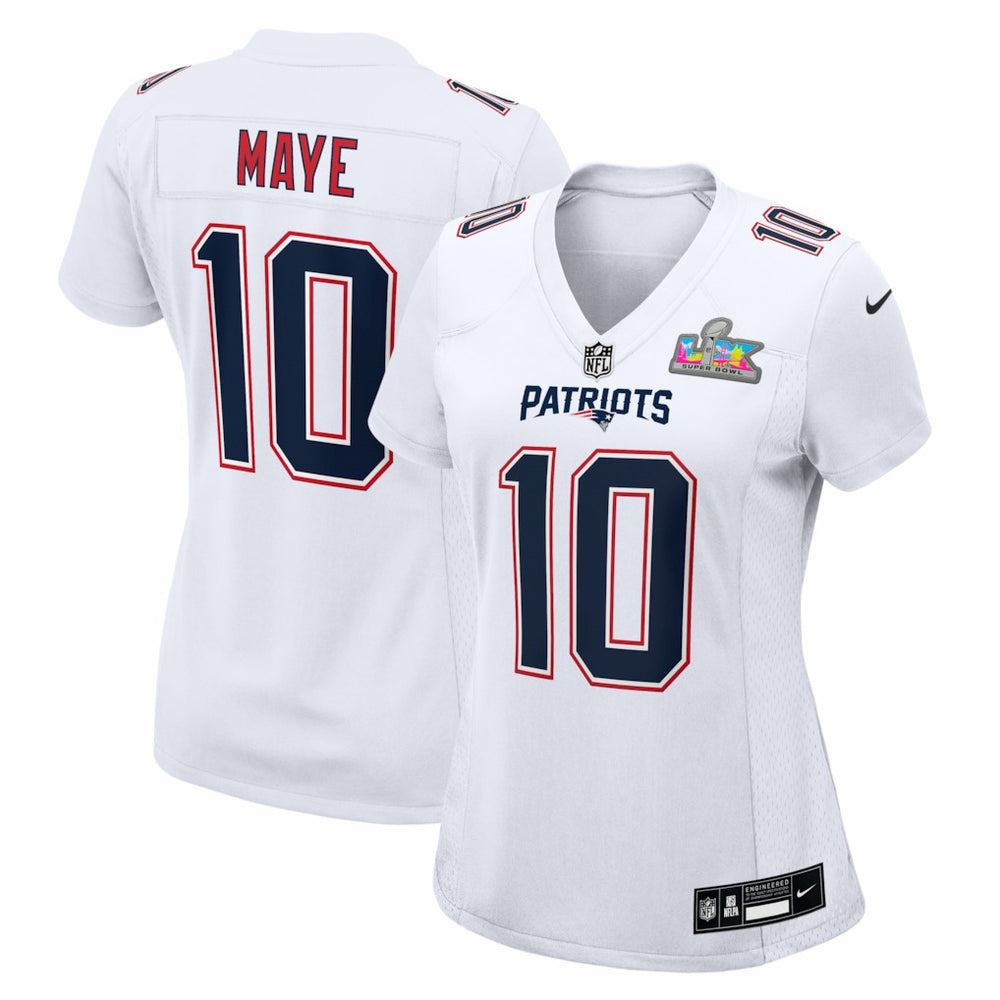 Drake Maye New England Patriots Women's Super Bowl LX Patch Tundra Fashion Game Jersey - White Jerseys