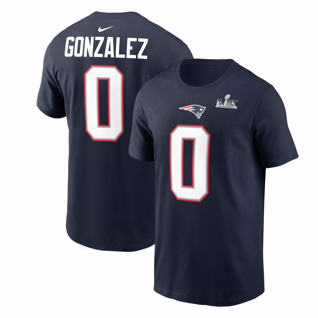 Christian Gonzalez New England Patriots Super Bowl LX Patch Name & Number T-Shirt - Navy T-shirts