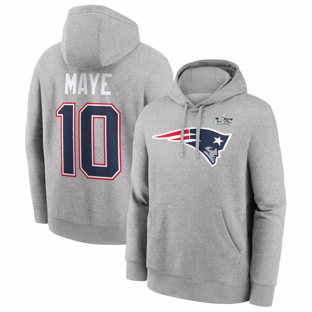 Drake Maye New England Patriots Super Bowl LX Patch Name & Number Hoodie - Heather Gray Hoodies