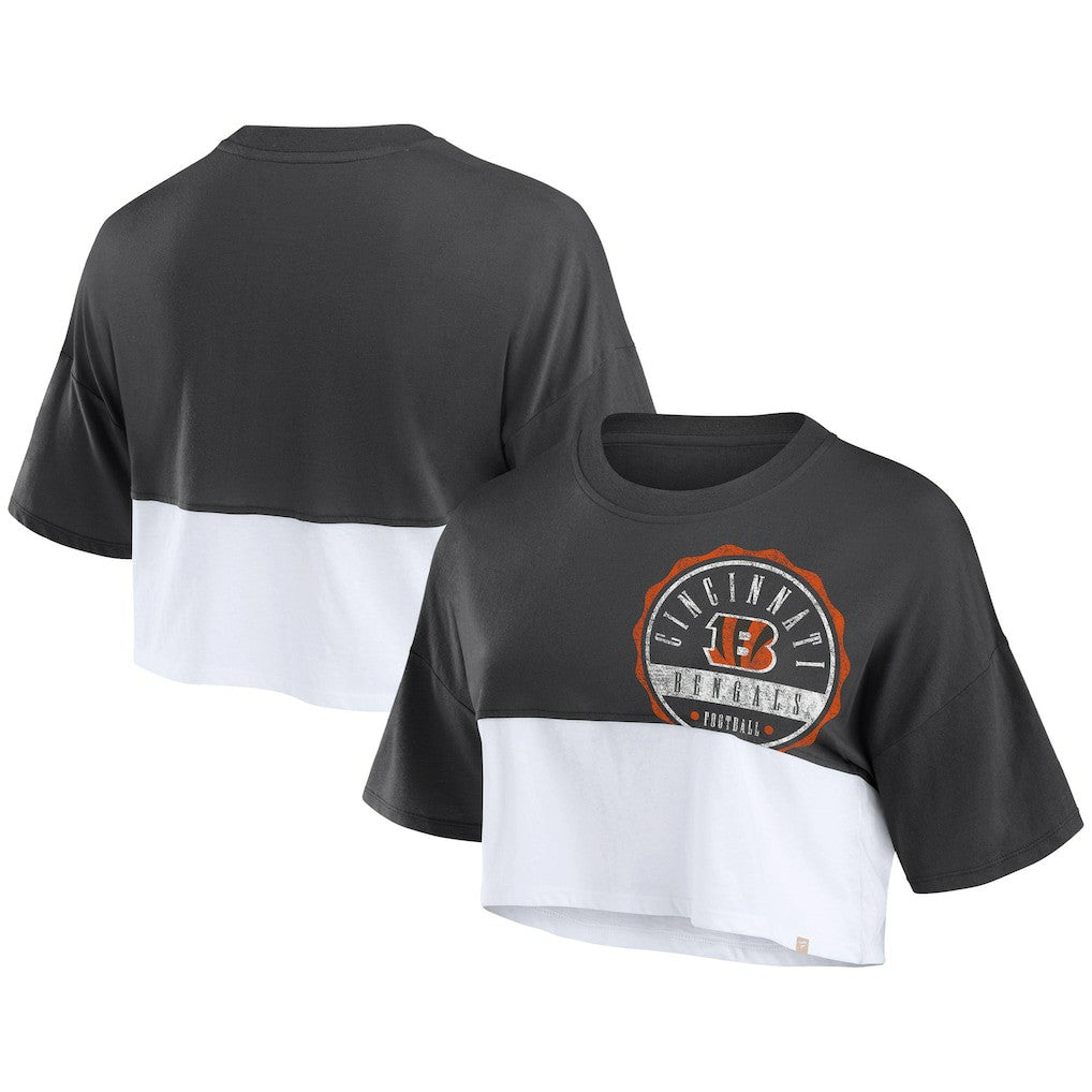 Cincinnati Bengals Women's Boxy Color Split Cropped T-Shirt - Black/White T-shirts