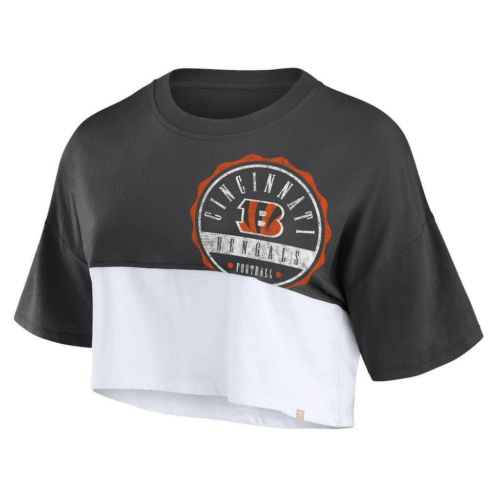 Cincinnati Bengals Women's Boxy Color Split Cropped T-Shirt - Black/White T-shirts