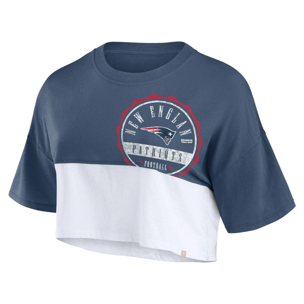 New England Patriots Women's Boxy Color Split Cropped T-Shirt - Navy/White T-shirts