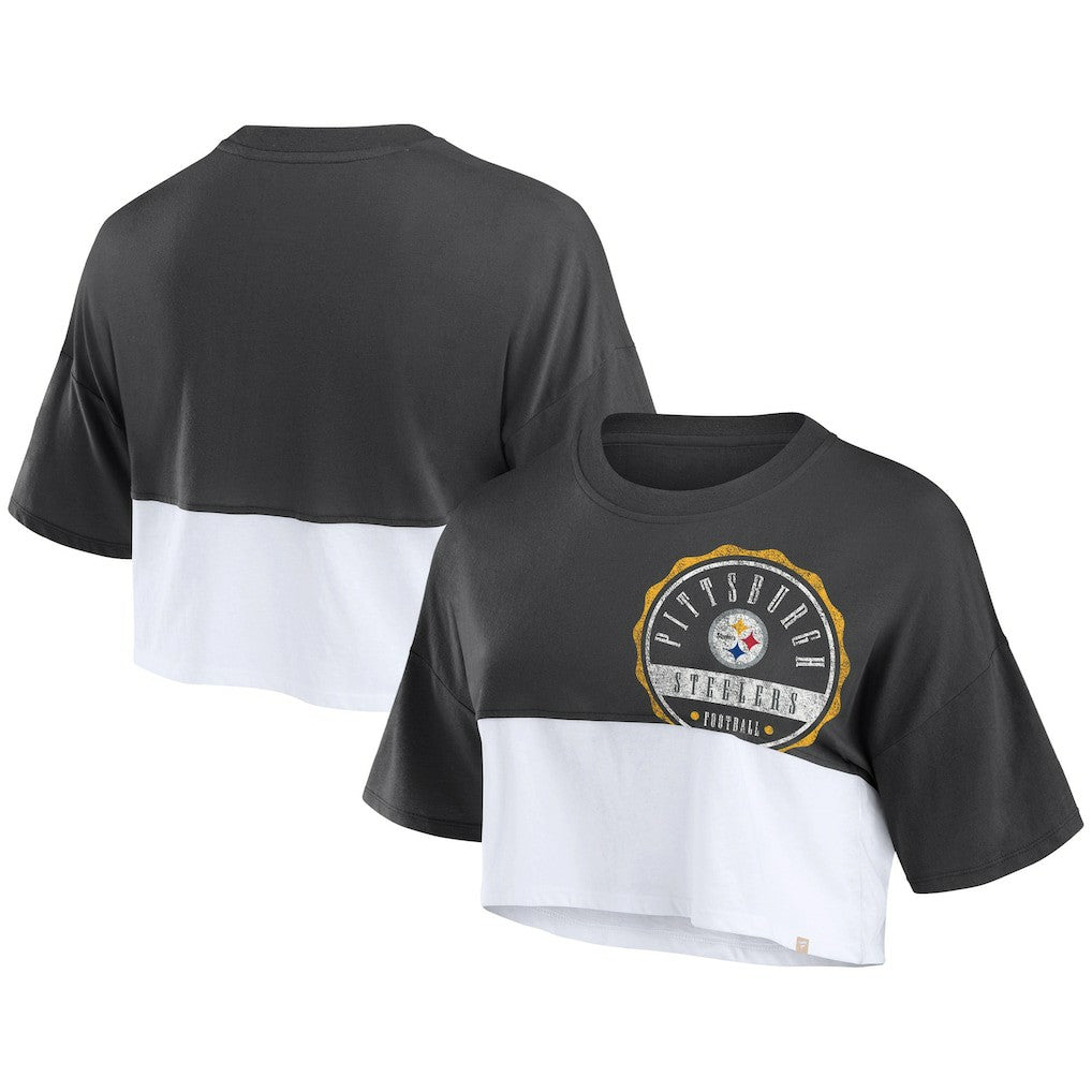 Pittsburgh Steelers Women's Boxy Color Split Cropped T-Shirt - Black/White T-shirts