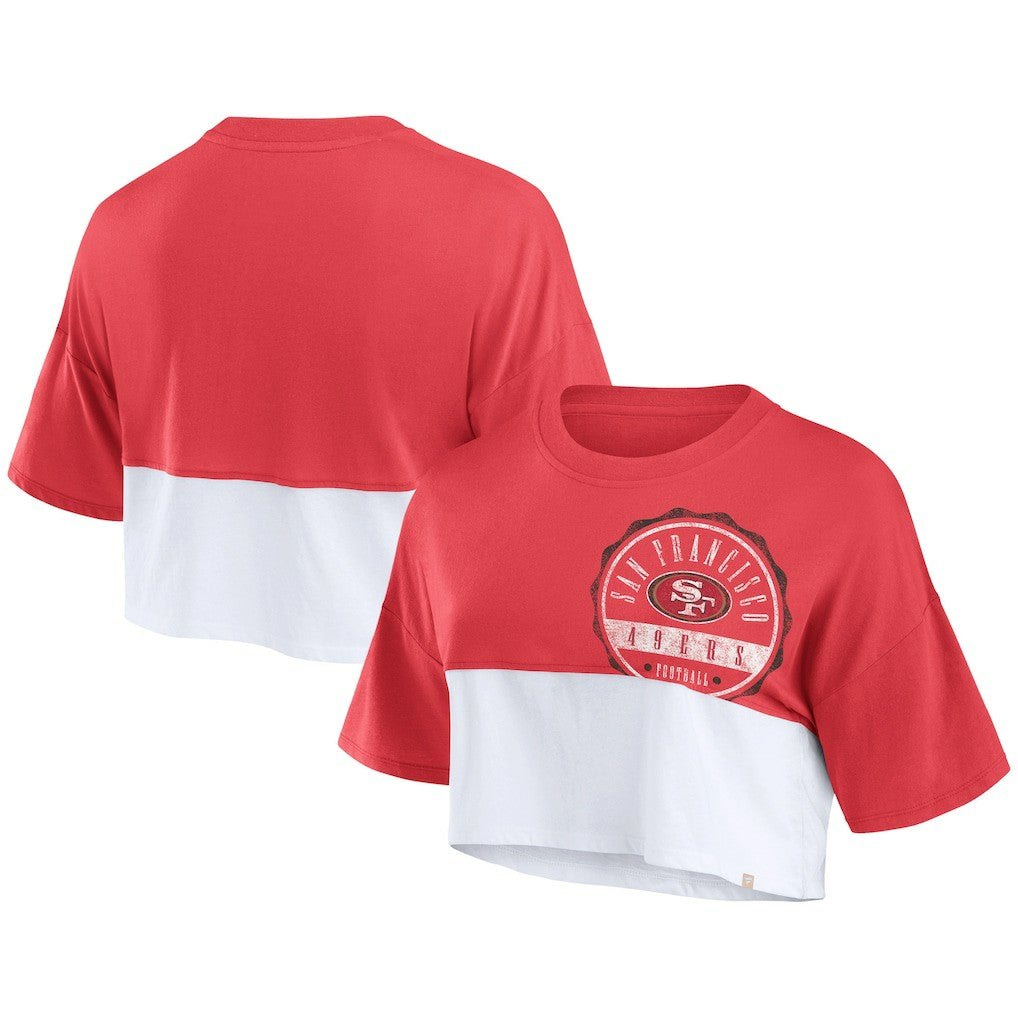 San Francisco 49ers Women's Boxy Color Split Cropped T-Shirt - Scarlet/White T-shirts