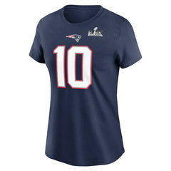 Drake Maye New England Patriots Women's Super Bowl LX Patch Name & Number T-Shirt - Navy T-shirts