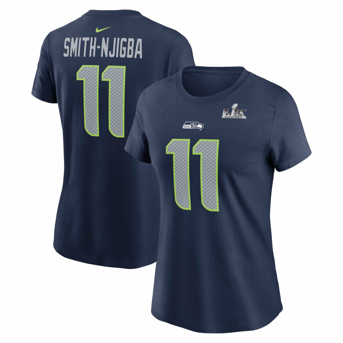 Jaxon Smith-Njigba Seattle Seahawks Women's Super Bowl LX Patch Name & Number T-Shirt - College Navy T-shirts