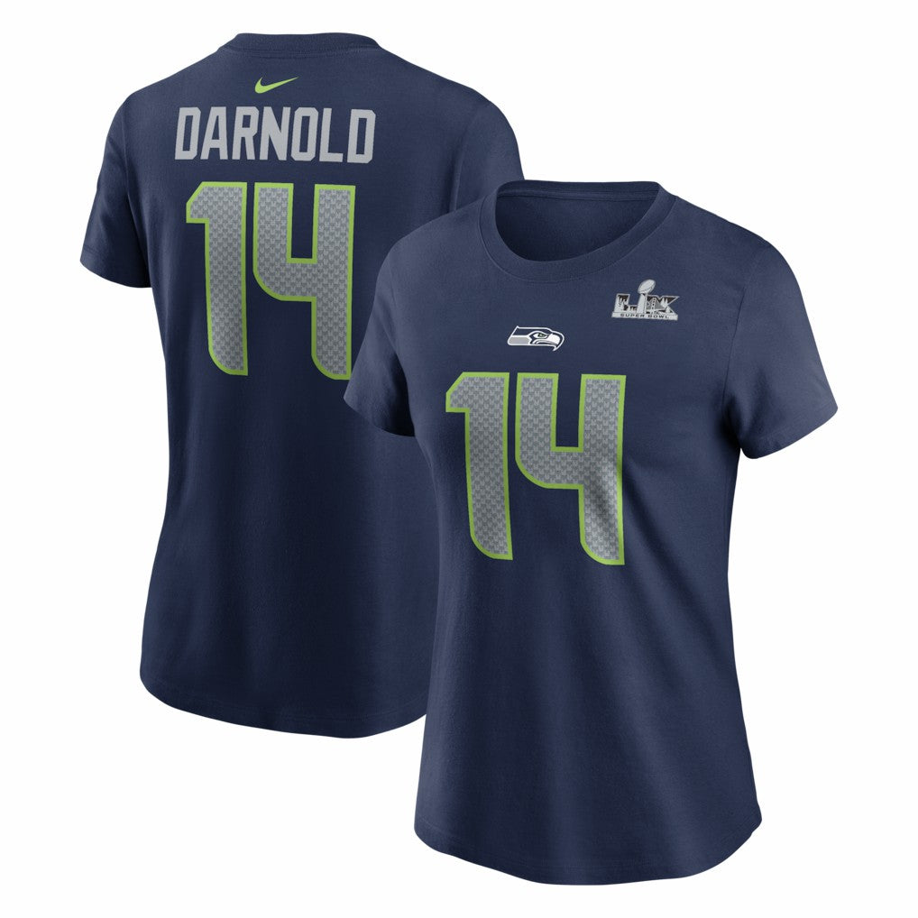 Sam Darnold Seattle Seahawks Women's Super Bowl LX Patch Name & Number T-Shirt - College Navy T-shirts