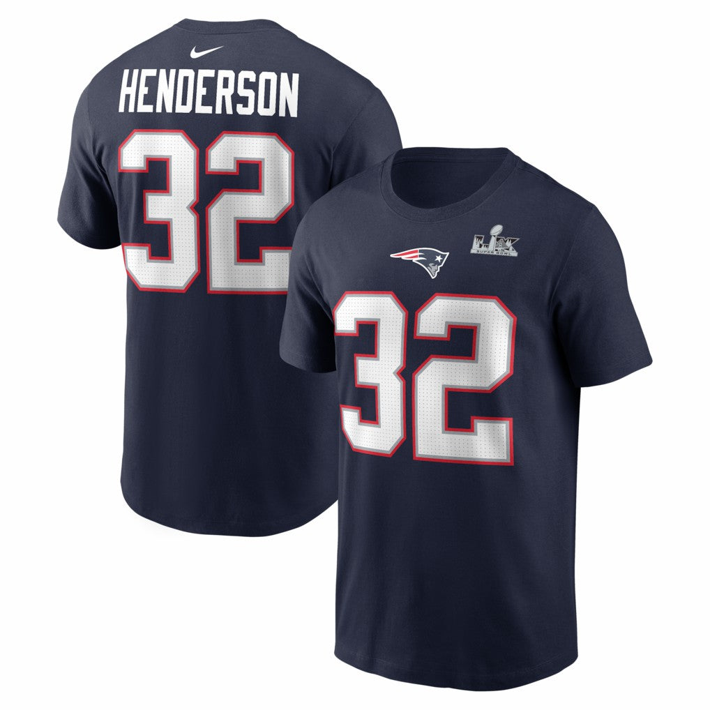 TreVeyon Henderson New England Patriots Super Bowl LX Patch Name & Number T-Shirt - Navy T-shirts