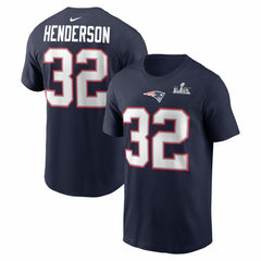 TreVeyon Henderson New England Patriots Super Bowl LX Patch Name & Number T-Shirt - Navy T-shirts