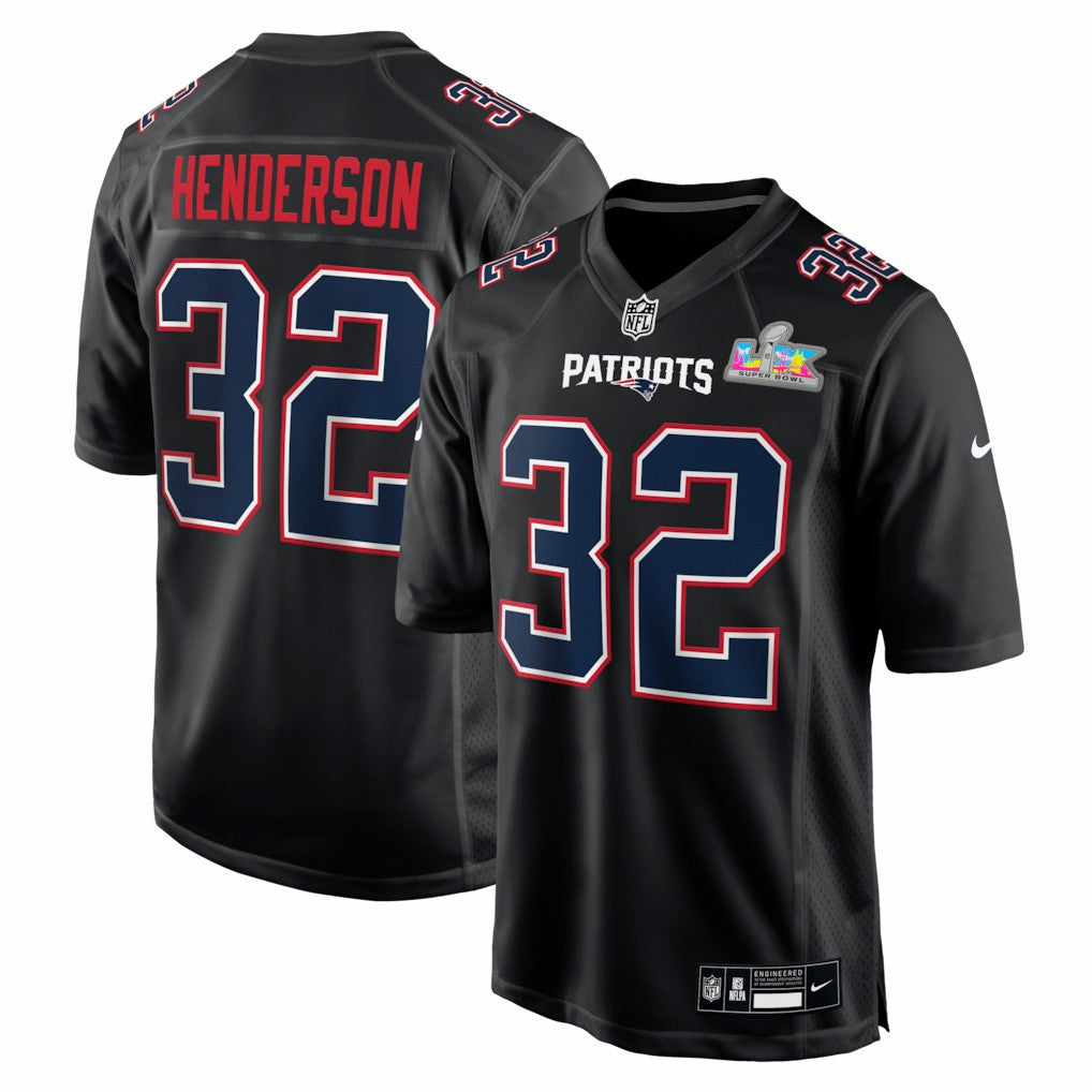 TreVeyon Henderson New England Patriots Super Bowl LX Patch Carbon Fashion Game Jersey - Black Jerseys