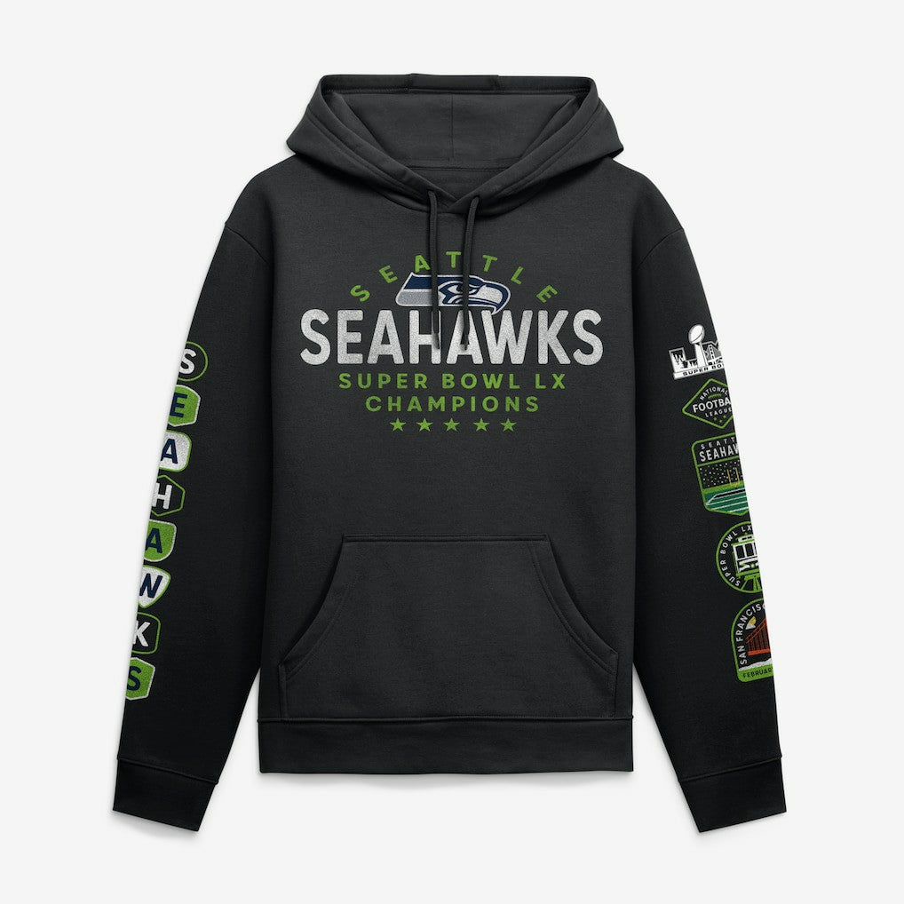 Seattle Seahawks Super Bowl LX Champions Banner Year Hoodie - Black Hoodies