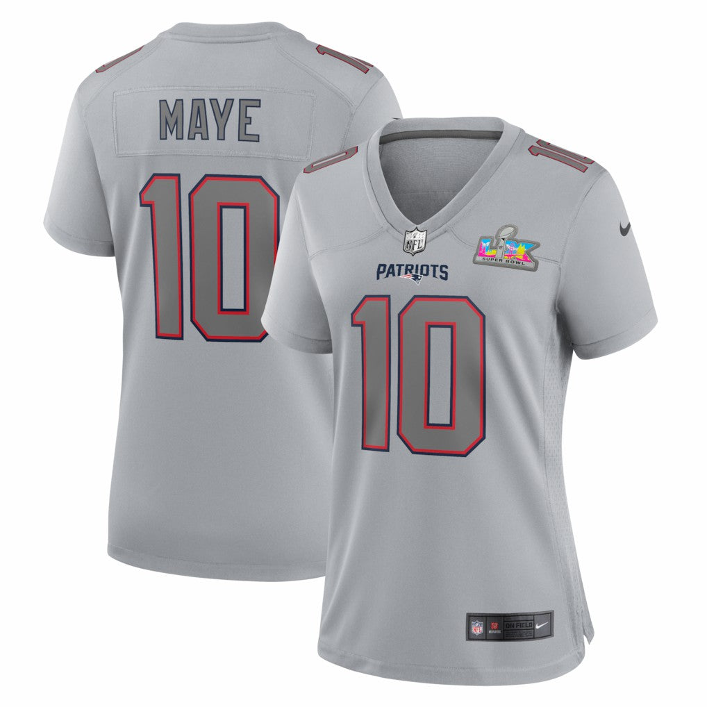 Drake Maye New England Patriots Women's Super Bowl LX Patch Atmosphere Fashion Game Jersey - Silver Jerseys