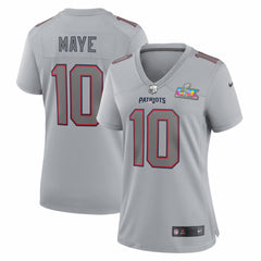 Drake Maye New England Patriots Women's Super Bowl LX Patch Atmosphere Fashion Game Jersey - Silver Jerseys