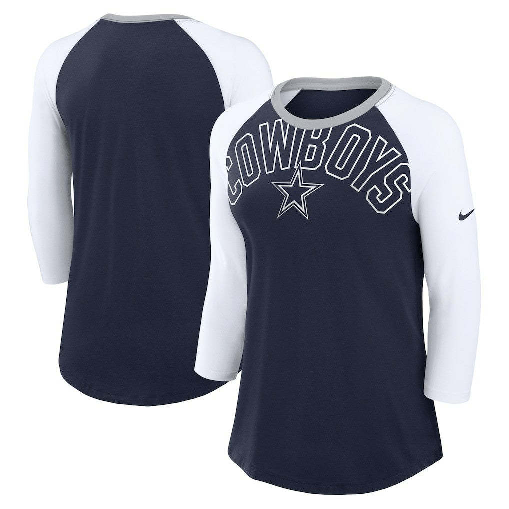 Dallas Cowboys Women's Knockout Arch Raglan Tri-Blend 3/4-Sleeve T-Shirt - Navy/White T-shirts