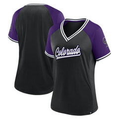 Colorado Rockies Fanatics Women's Glitz & Glam League Diva Raglan V-Neck T-Shirt - Black T-shirts
