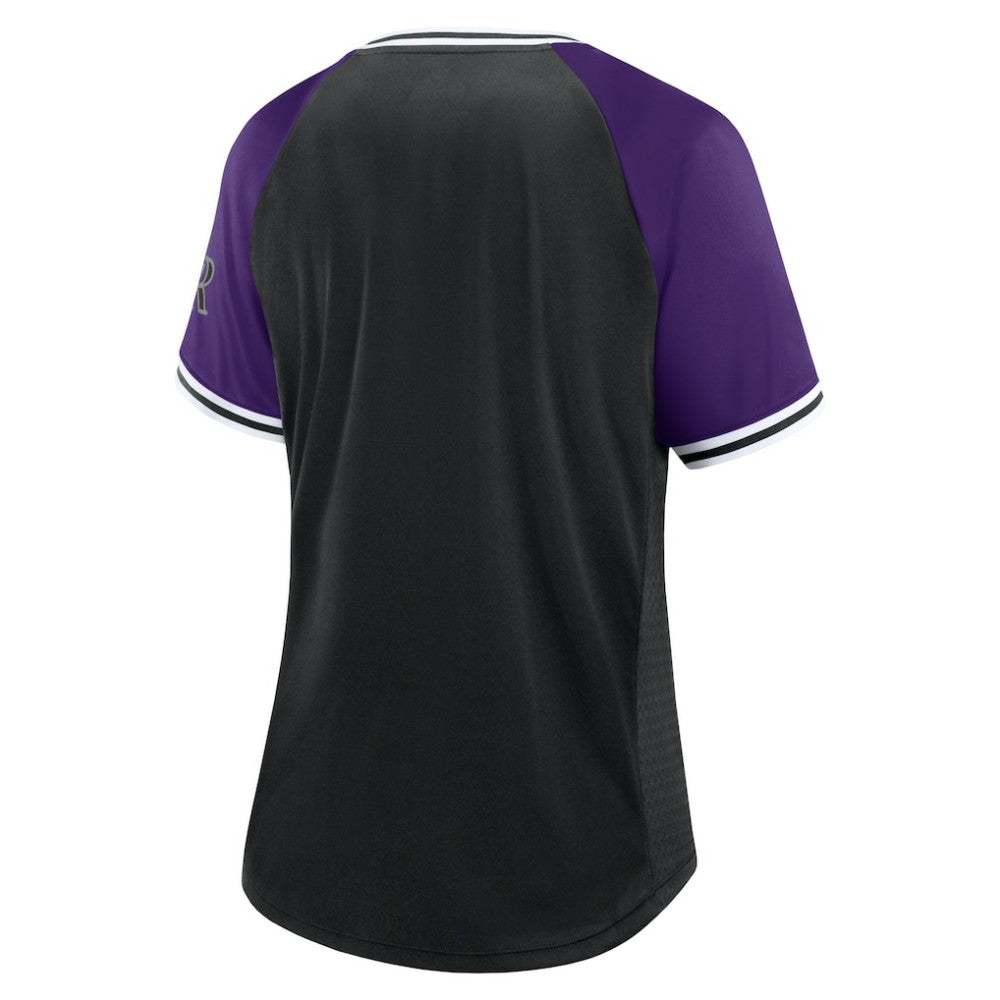 Colorado Rockies Fanatics Women's Glitz & Glam League Diva Raglan V-Neck T-Shirt - Black T-shirts