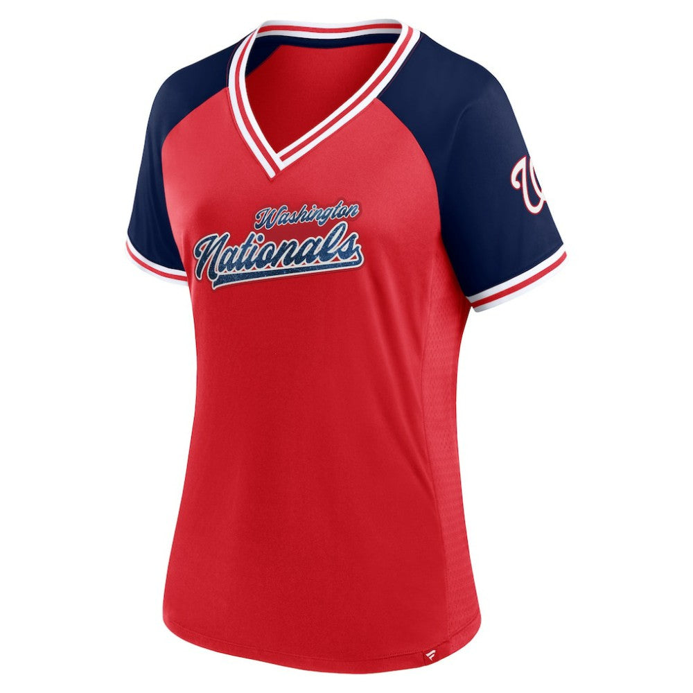 Washington Nationals Fanatics Women's Glitz & Glam League Diva Raglan V-Neck T-Shirt - Red T-shirts