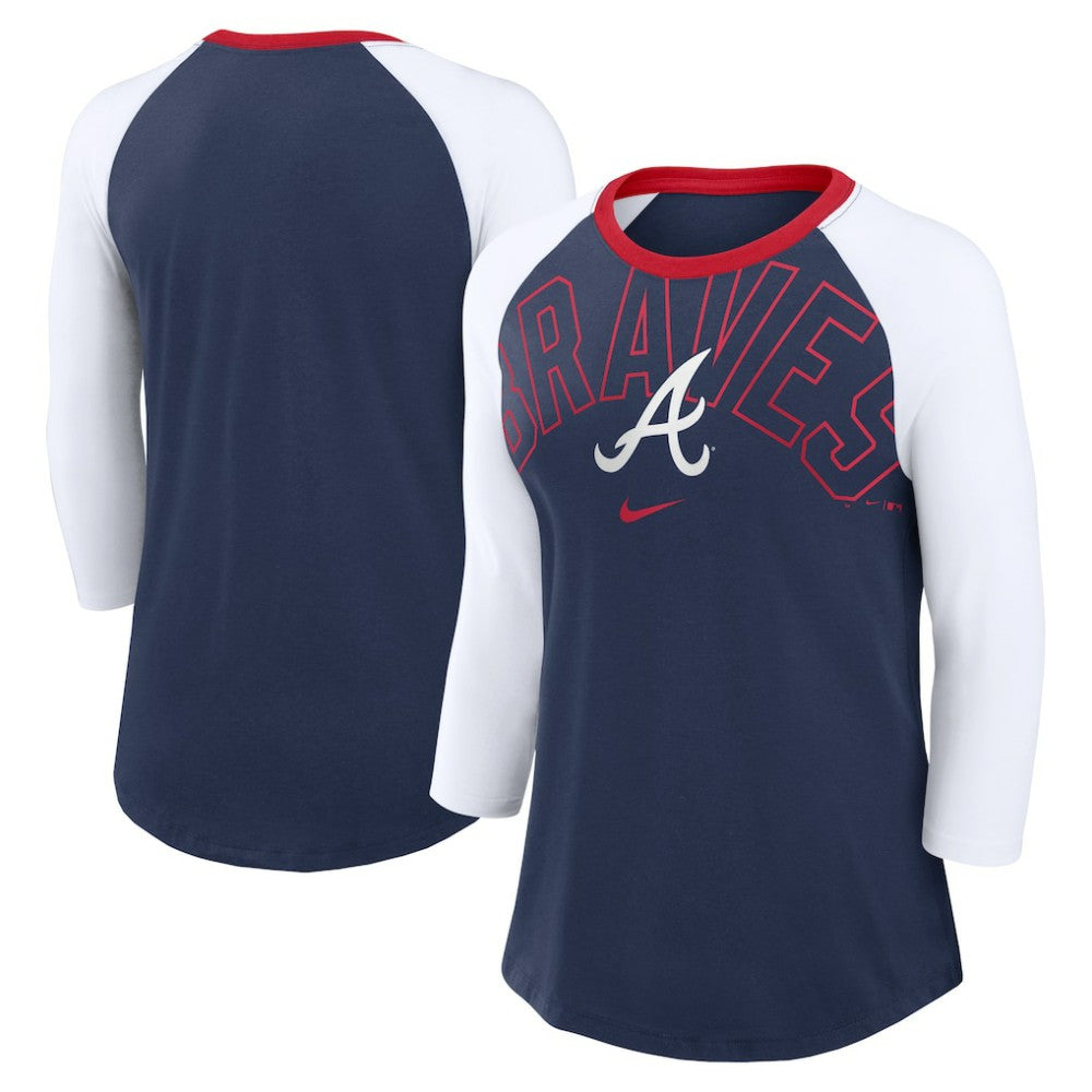 Atlanta Braves Nike Women's Knockout Arch 3/4-Sleeve Raglan Tri-Blend T-Shirt - Navy/White T-shirts