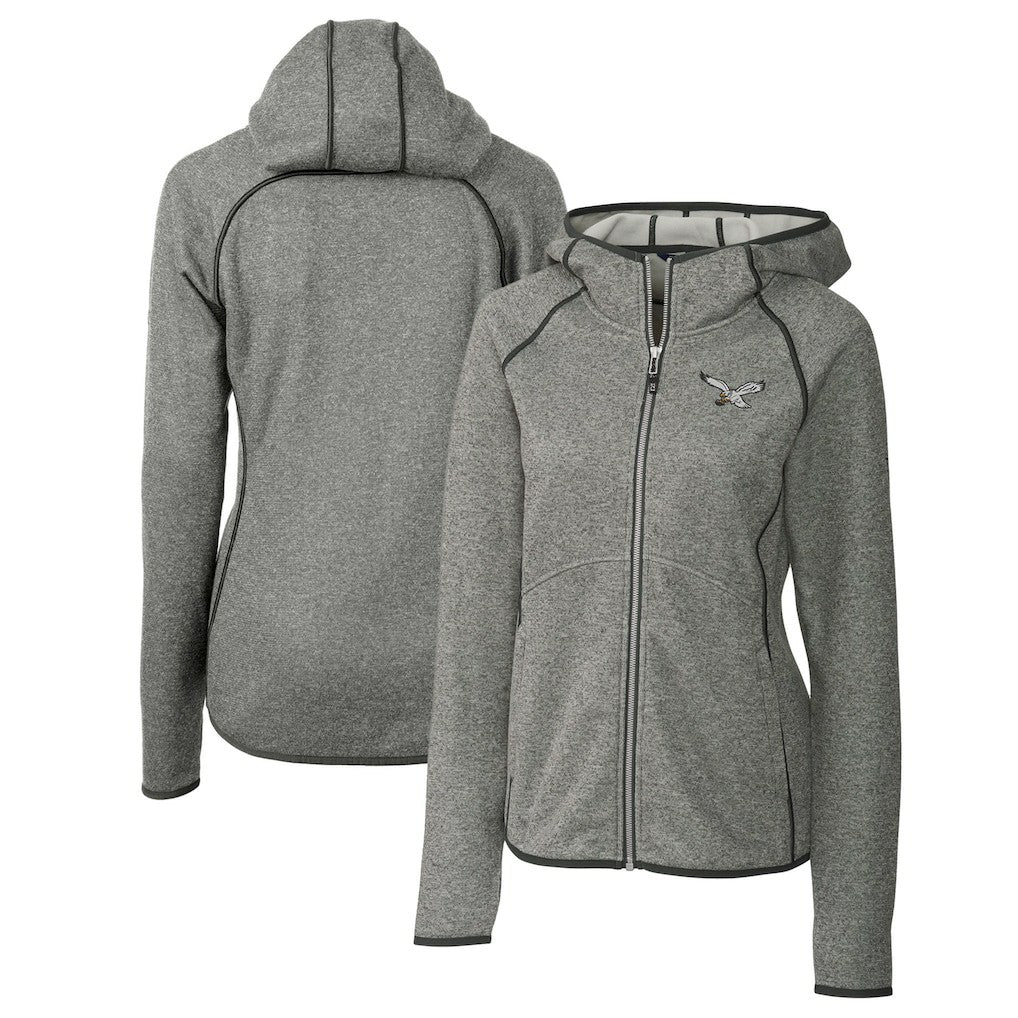 Philadelphia Eagles Cutter & Buck Women's Gridiron Classics Logo Mainsail Sweater-Knit Full-Zip Hoodie - Heather Gray Hoodies