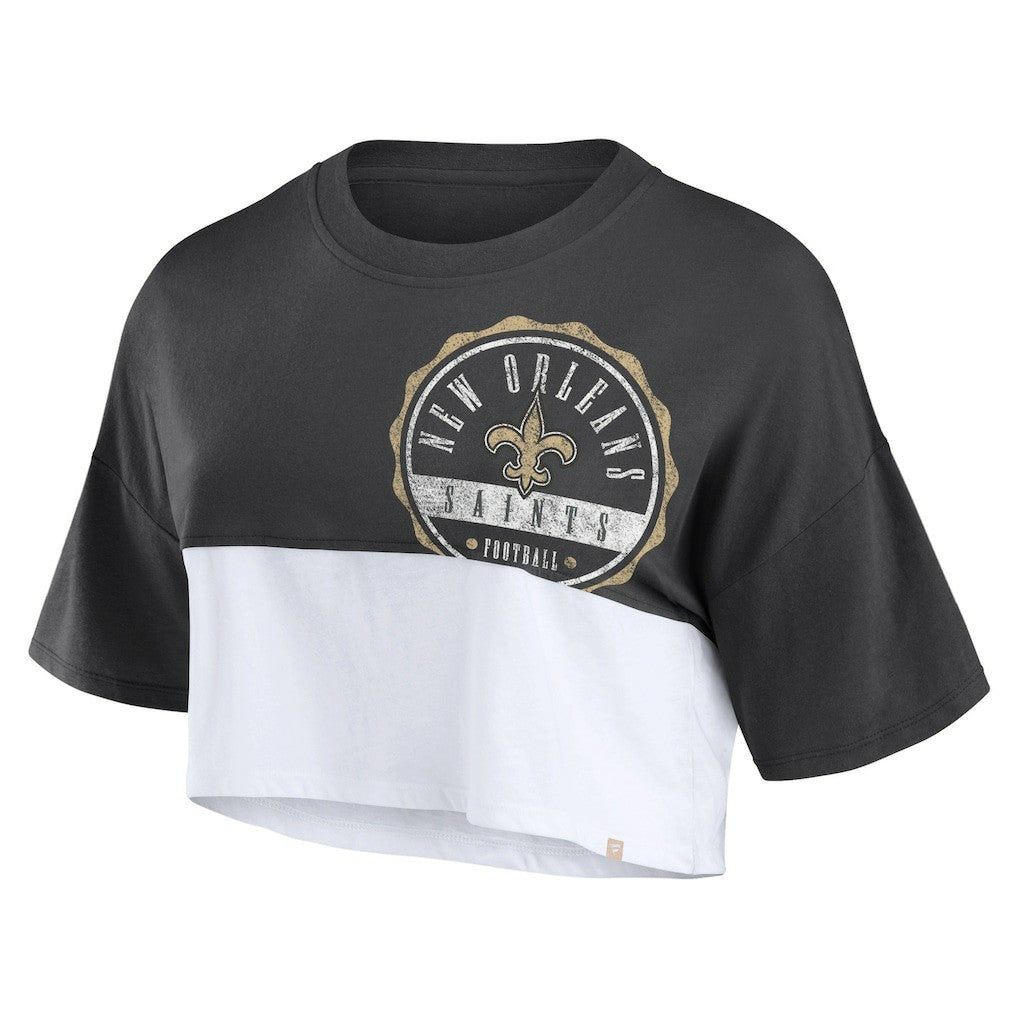 New Orleans Saints Women's Boxy Color Split Cropped T-Shirt - Black/White T-shirts