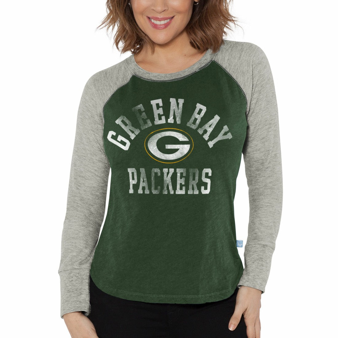 Green Bay Packers G-III 4Her by Carl Banks Women's Waffle Knit Raglan Long Sleeve T-Shirt - Green/Heather Gray T-shirts