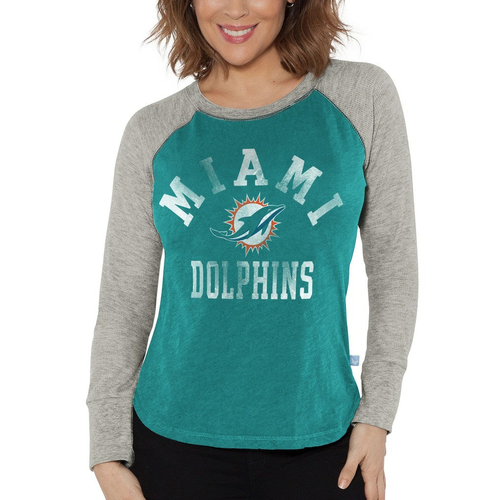 Miami Dolphins G-III 4Her by Carl Banks Women's Waffle Knit Raglan Long Sleeve T-Shirt - Aqua/Heather Gray T-shirts