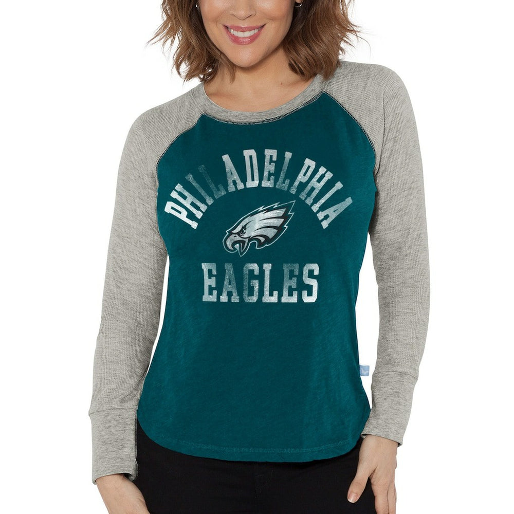 Philadelphia Eagles G-III 4Her by Carl Banks Women's Waffle Knit Raglan Long Sleeve T-Shirt - Midnight Green/Heather Gray T-shirts
