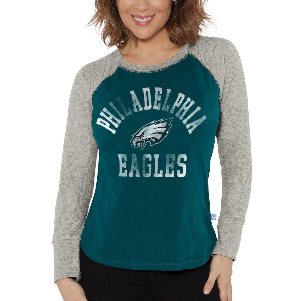 Philadelphia Eagles G-III 4Her by Carl Banks Women's Waffle Knit Raglan Long Sleeve T-Shirt - Midnight Green/Heather Gray T-shirts