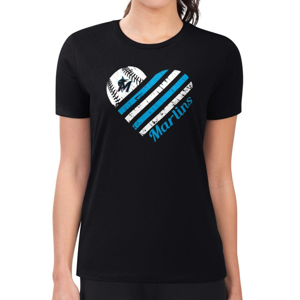 Miami Marlins G-III 4Her by Carl Banks Women's Super-Slim Fit Lightweight Heart Graphic T-Shirt - Black T-shirts