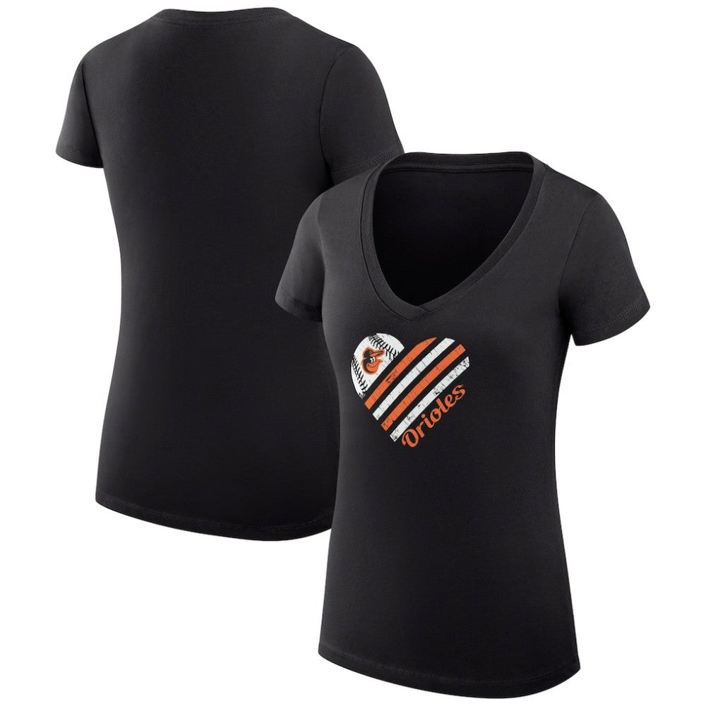 Baltimore Orioles G-III 4Her by Carl Banks Women's Super-Slim Fit Lightweight Heart V-Neck T-Shirt - Black T-shirts