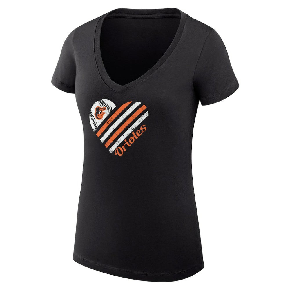 Baltimore Orioles G-III 4Her by Carl Banks Women's Super-Slim Fit Lightweight Heart V-Neck T-Shirt - Black T-shirts