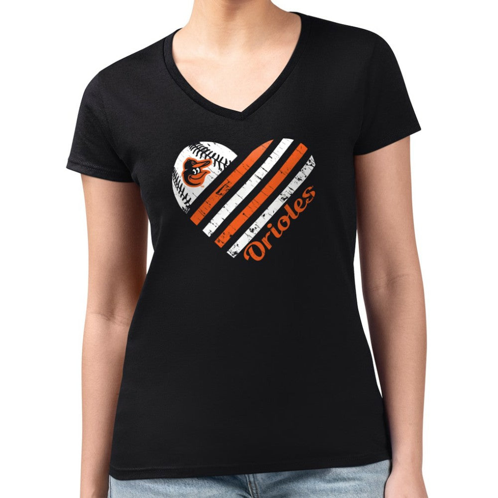 Baltimore Orioles G-III 4Her by Carl Banks Women's Super-Slim Fit Lightweight Heart V-Neck T-Shirt - Black T-shirts