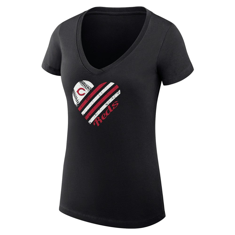 Cincinnati Reds G-III 4Her by Carl Banks Women's Super-Slim Fit Lightweight Heart V-Neck T-Shirt - Black T-shirts