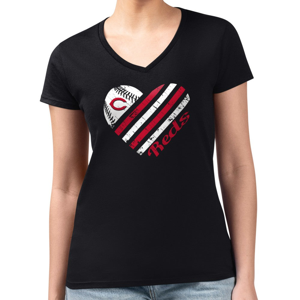 Cincinnati Reds G-III 4Her by Carl Banks Women's Super-Slim Fit Lightweight Heart V-Neck T-Shirt - Black T-shirts