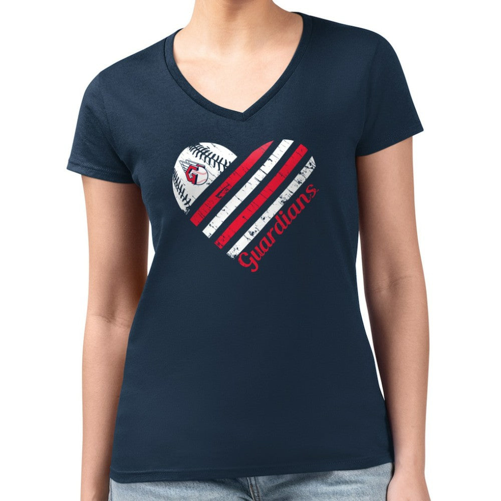 Cleveland Guardians G-III 4Her by Carl Banks Women's Super-Slim Fit Lightweight Heart V-Neck T-Shirt - Navy T-shirts