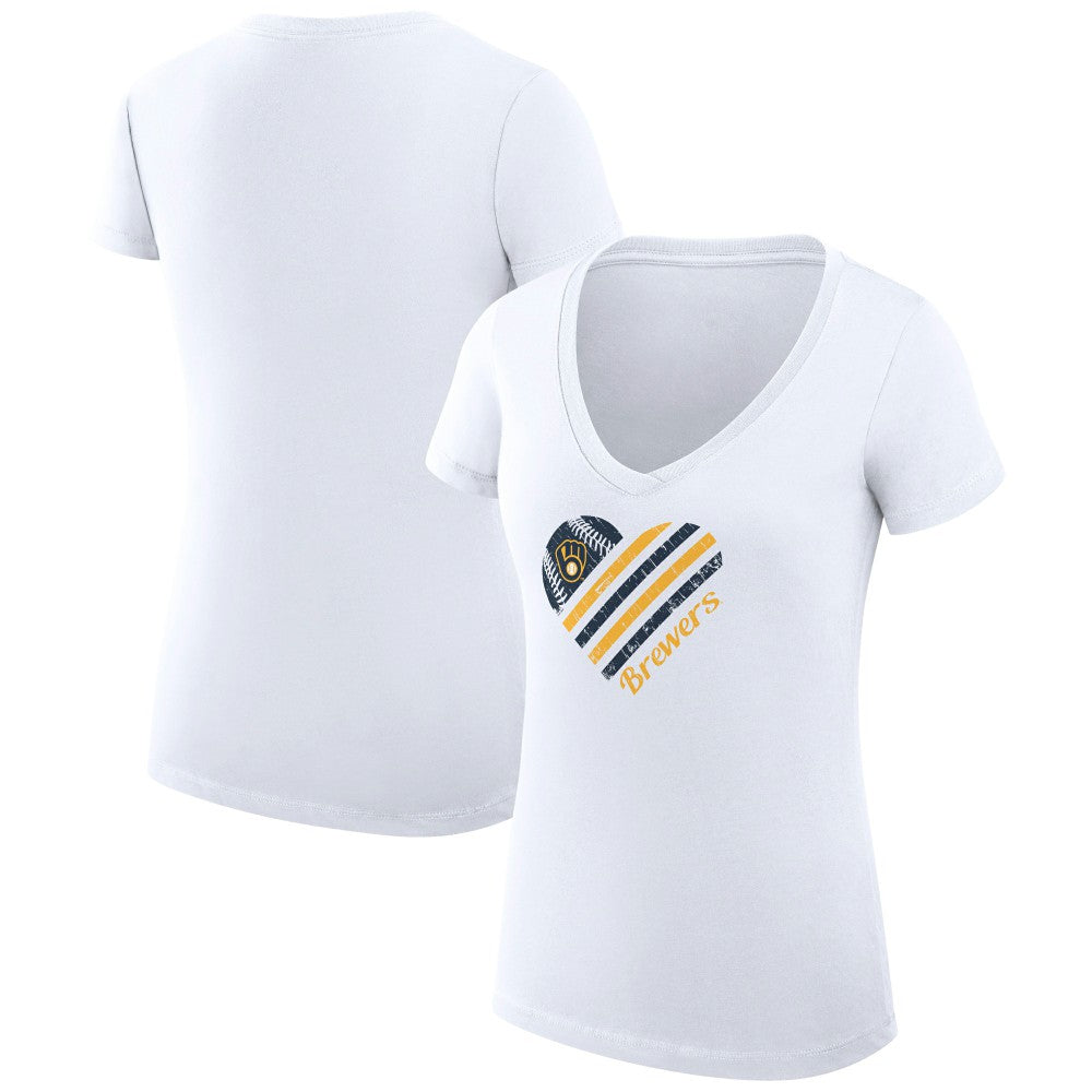 Milwaukee Brewers G-III 4Her by Carl Banks Women's Super-Slim Fit Lightweight Heart V-Neck T-Shirt - White T-shirts