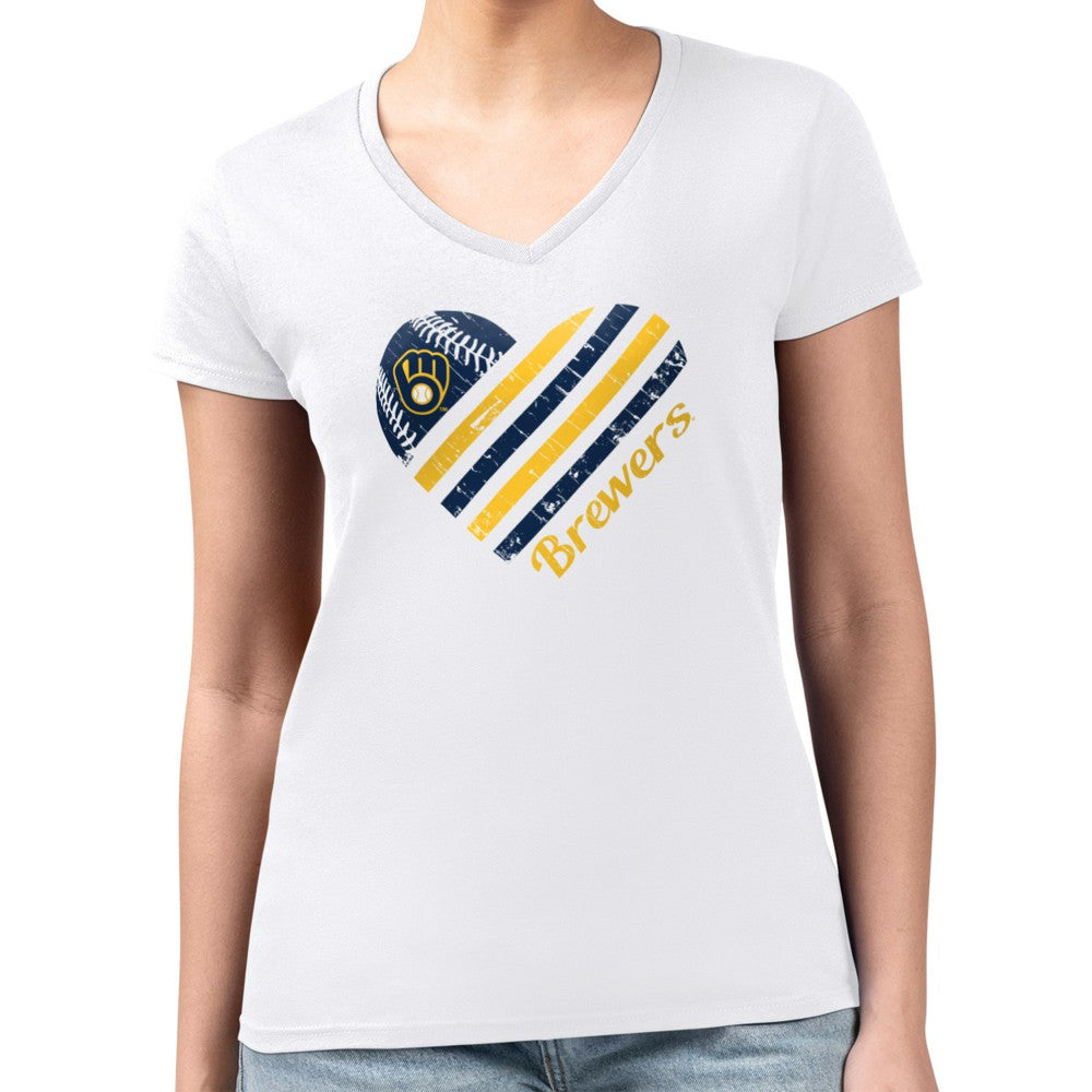Milwaukee Brewers G-III 4Her by Carl Banks Women's Super-Slim Fit Lightweight Heart V-Neck T-Shirt - White T-shirts