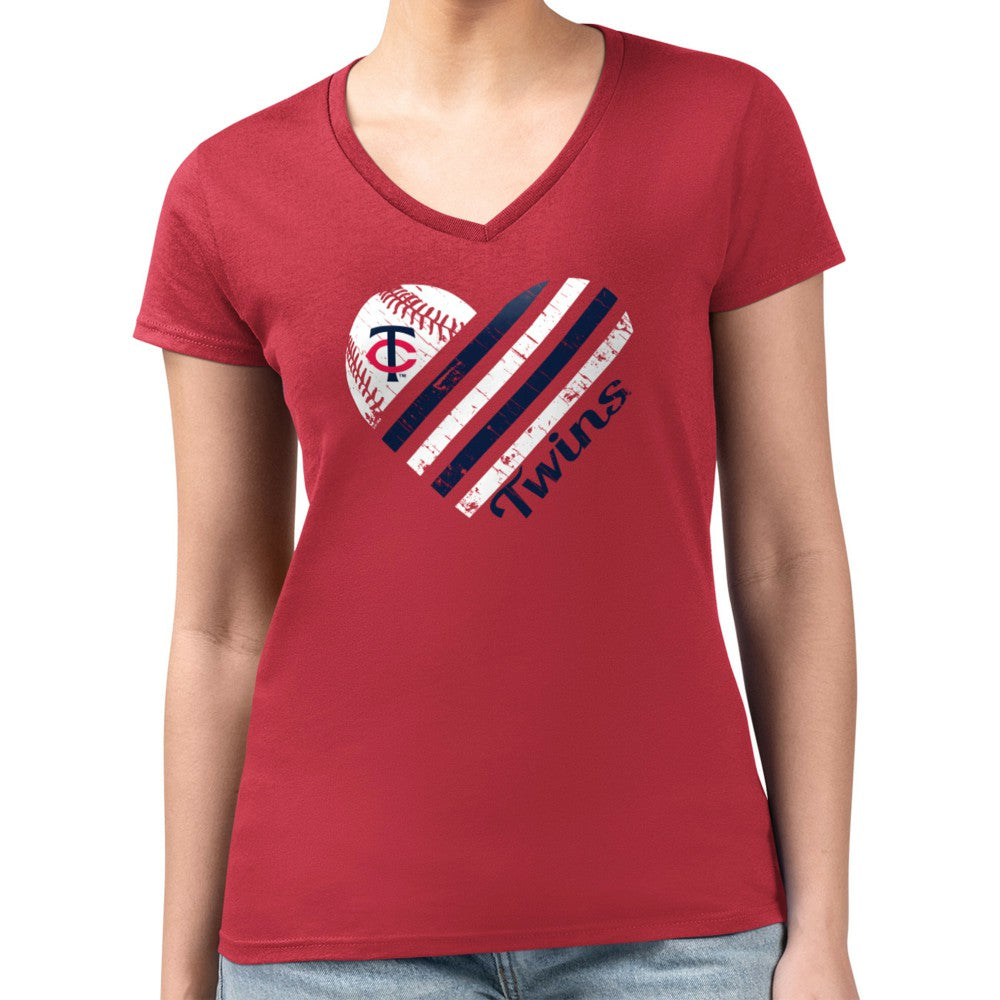 Minnesota Twins G-III 4Her by Carl Banks Women's Super-Slim Fit Lightweight Heart V-Neck T-Shirt - Red T-shirts