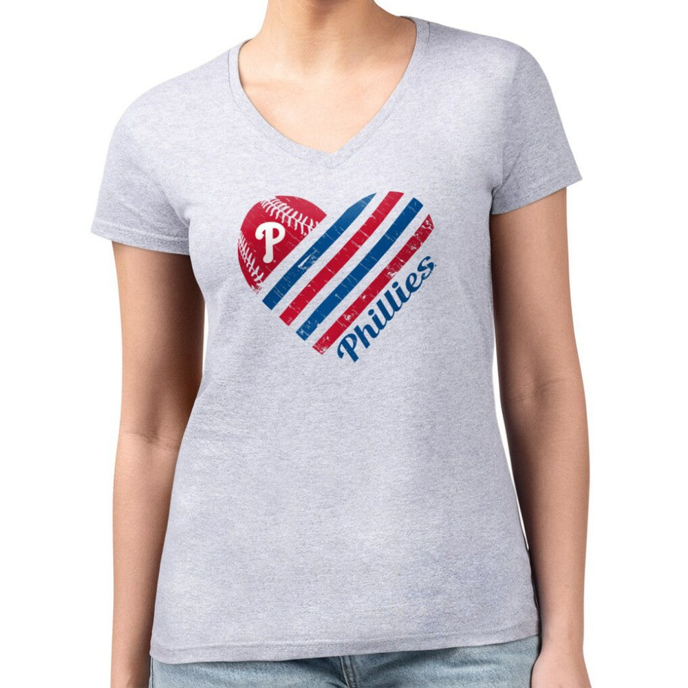 Philadelphia Phillies G-III 4Her by Carl Banks Women's Super-Slim Fit Lightweight Heart V-Neck T-Shirt - Heather Gray T-shirts