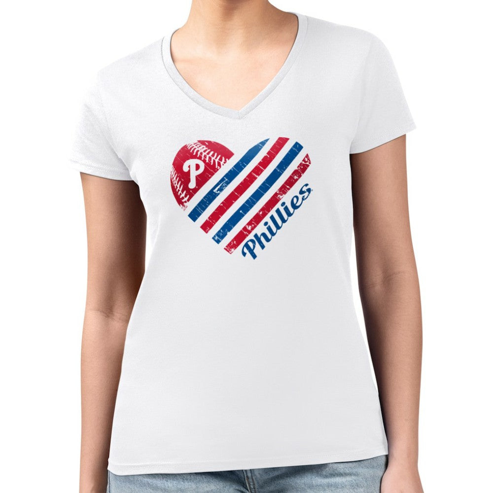 Philadelphia Phillies G-III 4Her by Carl Banks Women's Super-Slim Fit Lightweight Heart V-Neck T-Shirt - White T-shirts