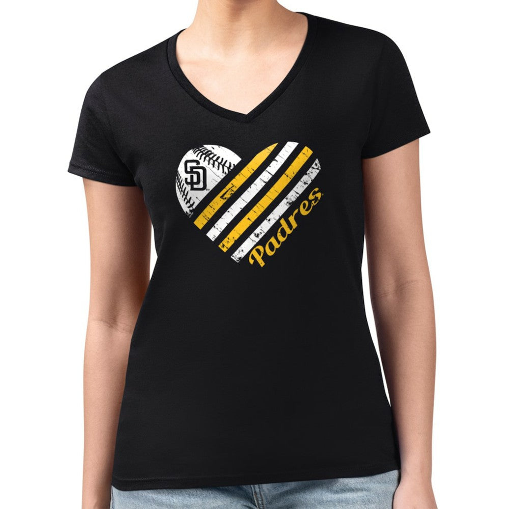 San Diego Padres G-III 4Her by Carl Banks Women's Super-Slim Fit Lightweight Heart V-Neck T-Shirt - Black T-shirts