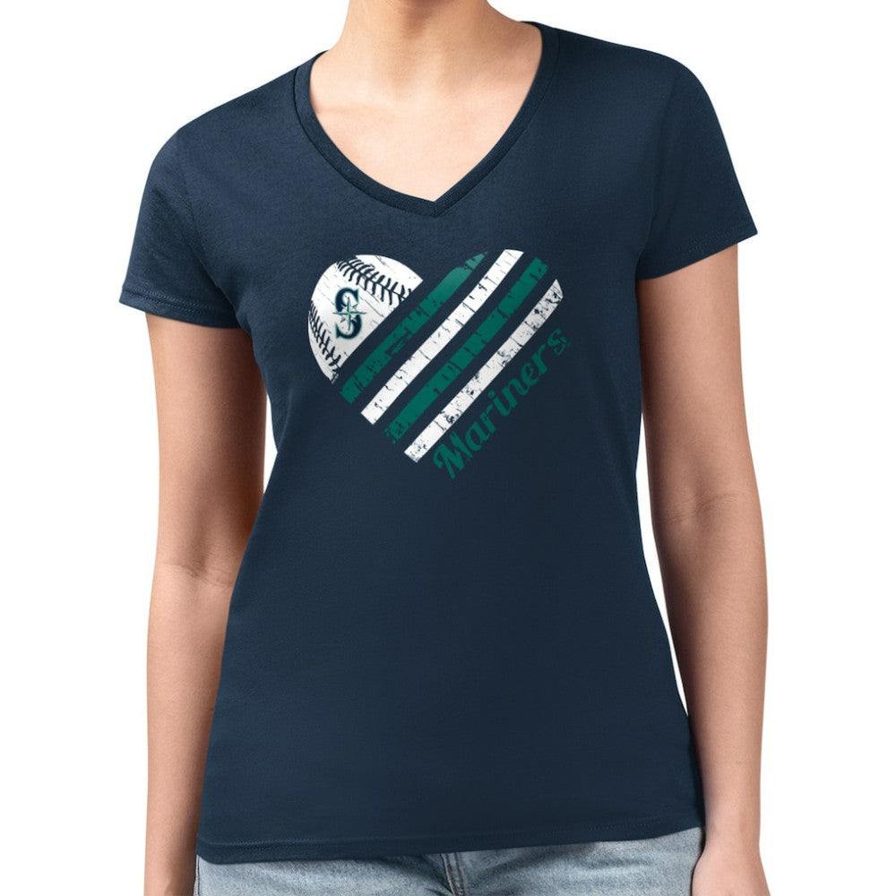Seattle Mariners G-III 4Her by Carl Banks Women's Super-Slim Fit Lightweight Heart V-Neck T-Shirt - Navy T-shirts