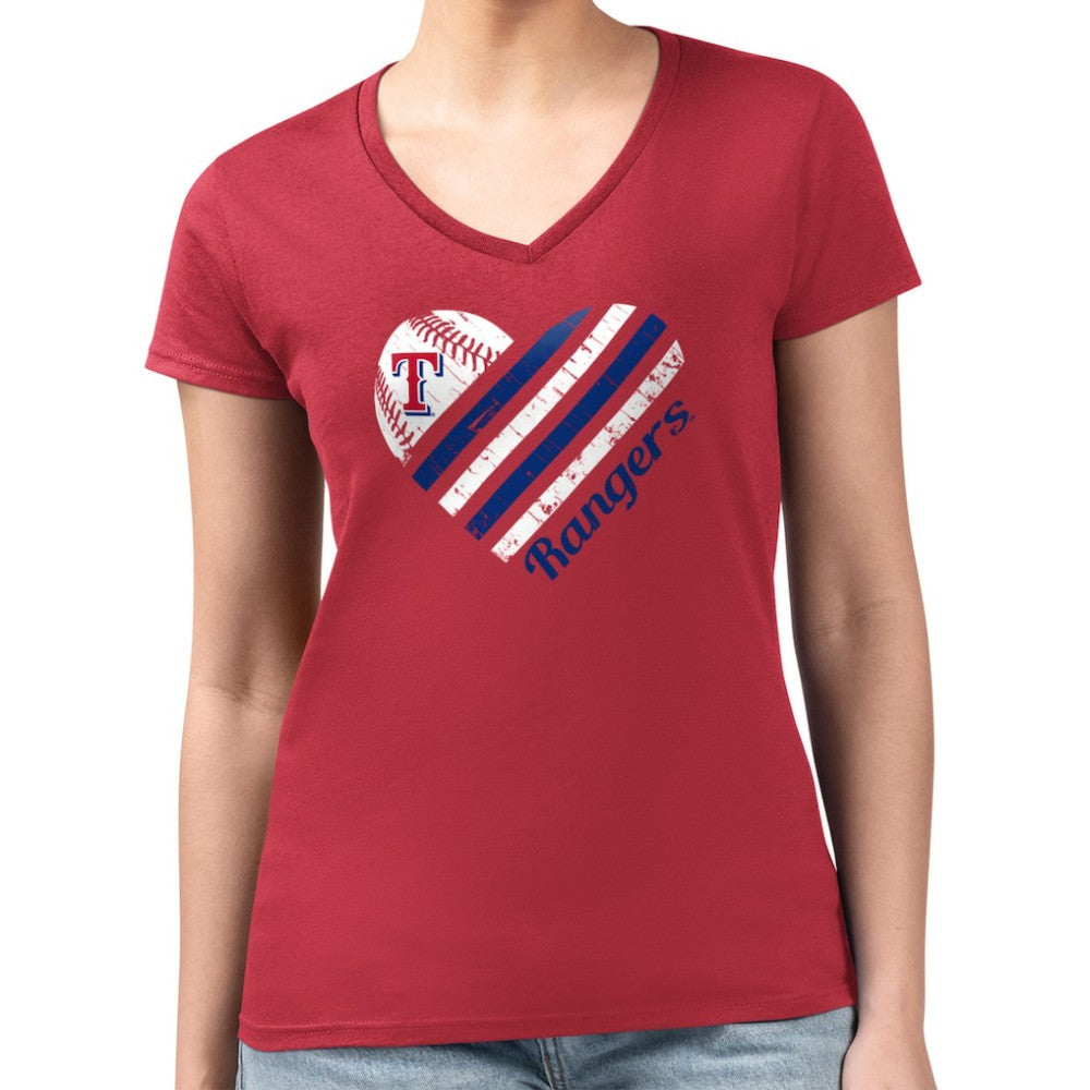 Texas Rangers G-III 4Her by Carl Banks Women's Super-Slim Fit Lightweight Heart V-Neck T-Shirt - Red T-shirts