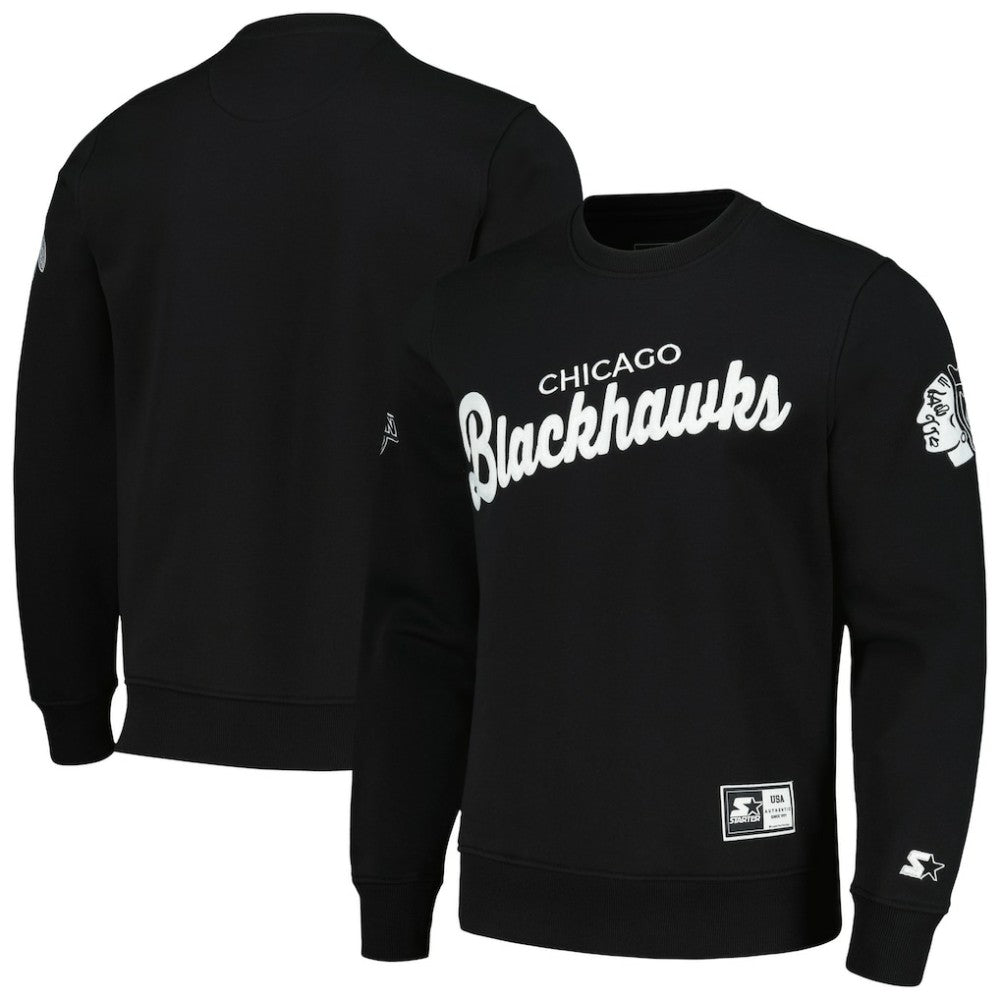 Chicago Blackhawks Starter x NHL Black Ice Cross Check Pullover Sweatshirt - Black | US 200278776