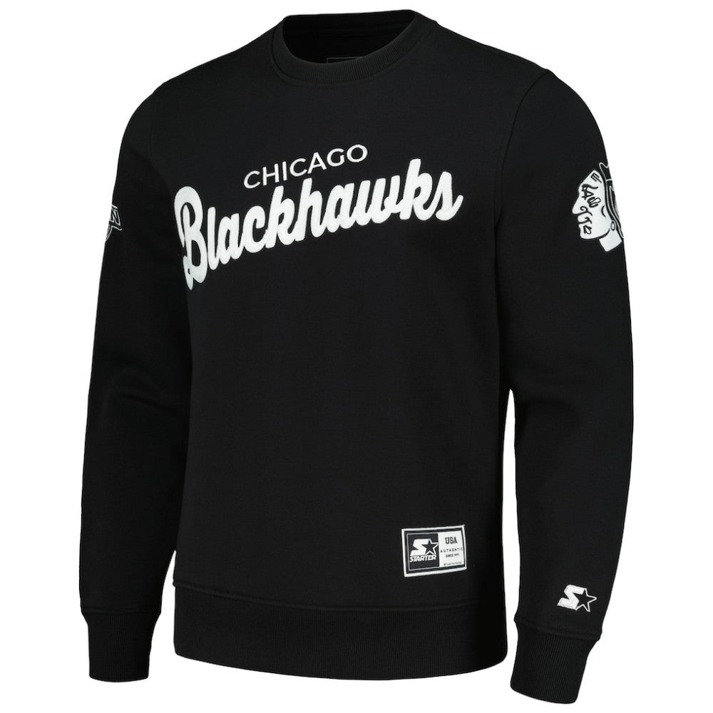 Chicago Blackhawks Starter x NHL Black Ice Cross Check Pullover Sweatshirt - Black | US 200278776