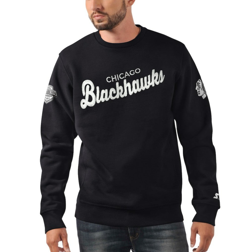 Chicago Blackhawks Starter x NHL Black Ice Cross Check Pullover Sweatshirt - Black | US 200278776
