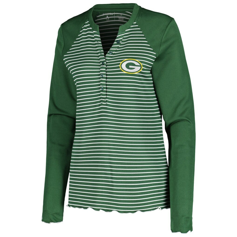 Green Bay Packers Antigua Women's Maverick Waffle Henley Long Sleeve T-Shirt - Green T-shirts