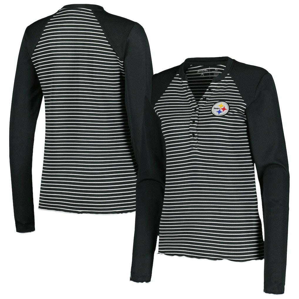 Pittsburgh Steelers Antigua Women's Maverick Waffle Henley Long Sleeve T-Shirt - Black T-shirts