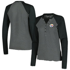 Pittsburgh Steelers Antigua Women's Maverick Waffle Henley Long Sleeve T-Shirt - Black T-shirts